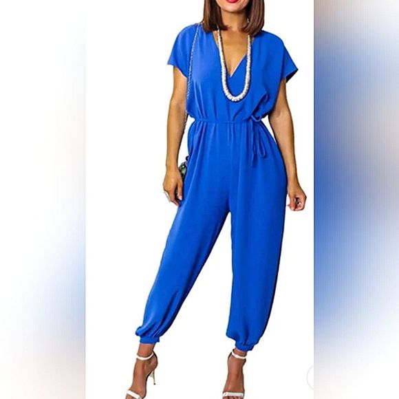 Estee Brown "Royal" Short Sleeve Belted V-Neck Jumpsuit Size Small - Picture 3 of 4